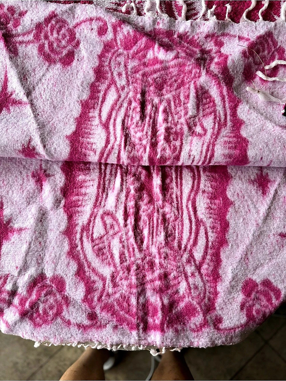 Hot Pink Virgen de Guadalupe Hooded Mexican Poncho - Picture 4 of 5